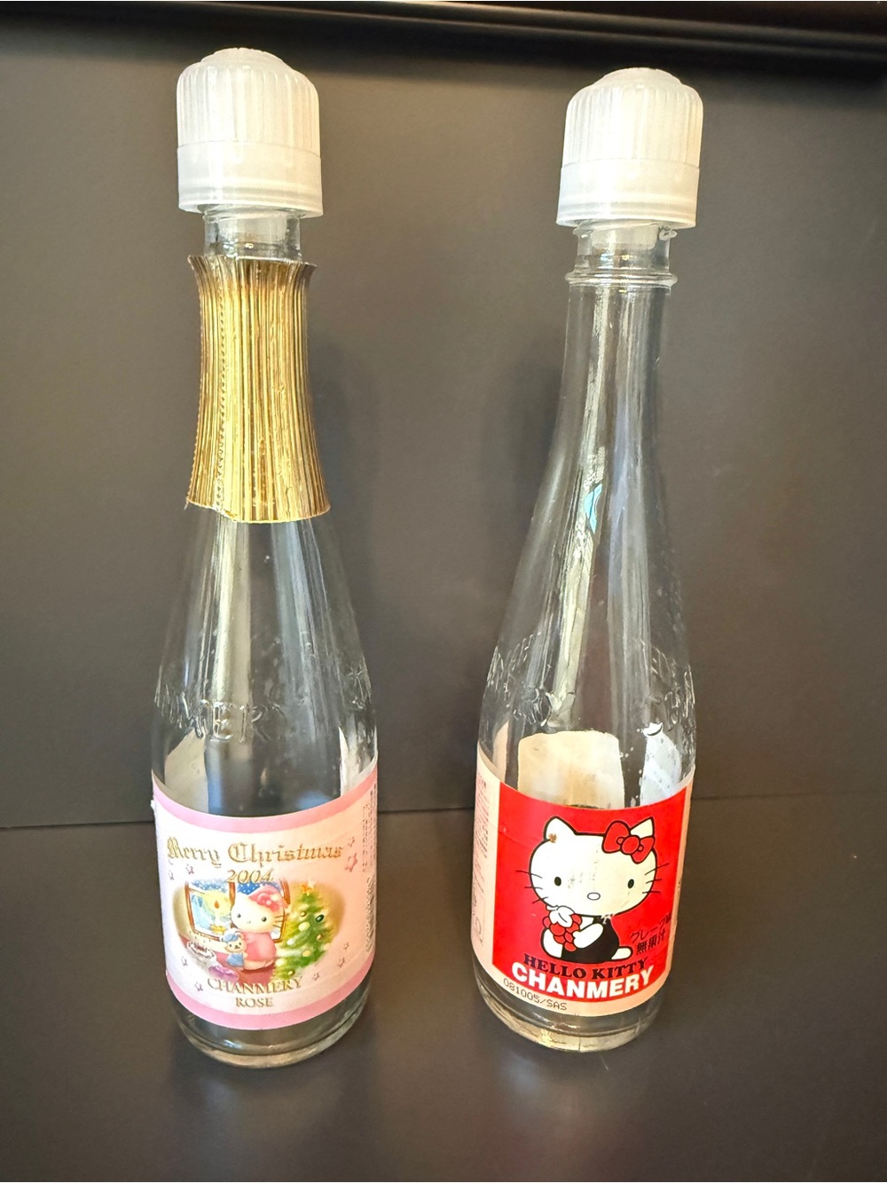 Vintage 2004 Hello Kitty Chanmery Japan Glass Bottles Set of 2